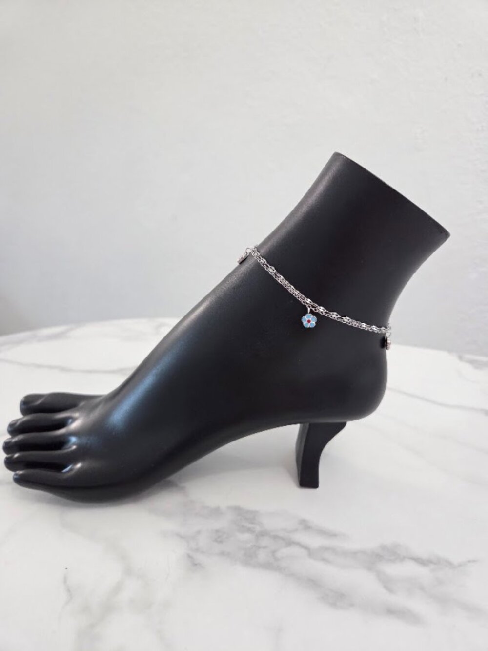Boho Silver Double Chain Flower Anklet Pink Blue - Picture 3 of 16
